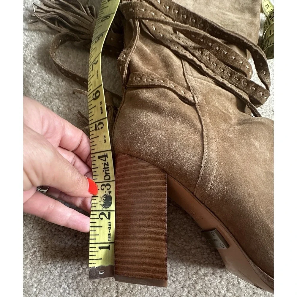 Michael Kors Jessa‎ Split Suede Wrap Knee High Boot Tassels 39.5 Tan READ